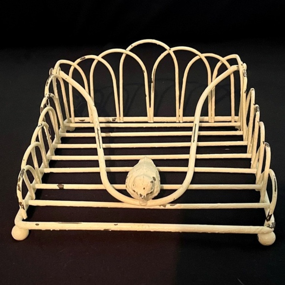 AGED BEIGE WITH BROWN ACCENT BIRD NAPKIN HOLDER METAL WIRE STAND